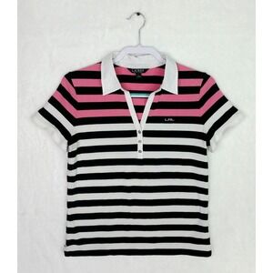 Women's Vintage Y2K Ralph Lauren Striped Polo Shirt Top Sz L Large Black Pink